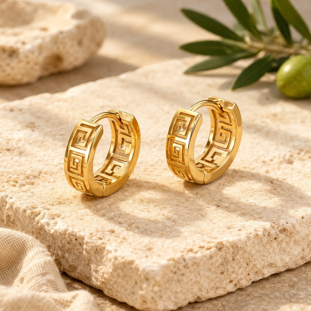 Gold Greek Key Hoop Earrings - Women Jewelry